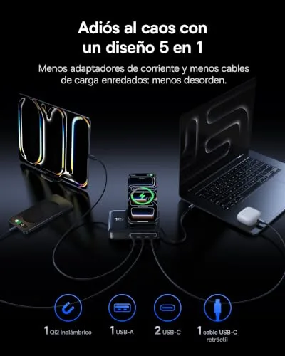 Baseus ▫️ Carregador sem fios 5 em 1 carregador USB-C de 160 W com Qi 2, carregador sem fios com cabo retrátil de 100 W, compatível com MagSafe para iPhone 12-17, MacBook Pro/Air, iPad Pro e muito mais 4