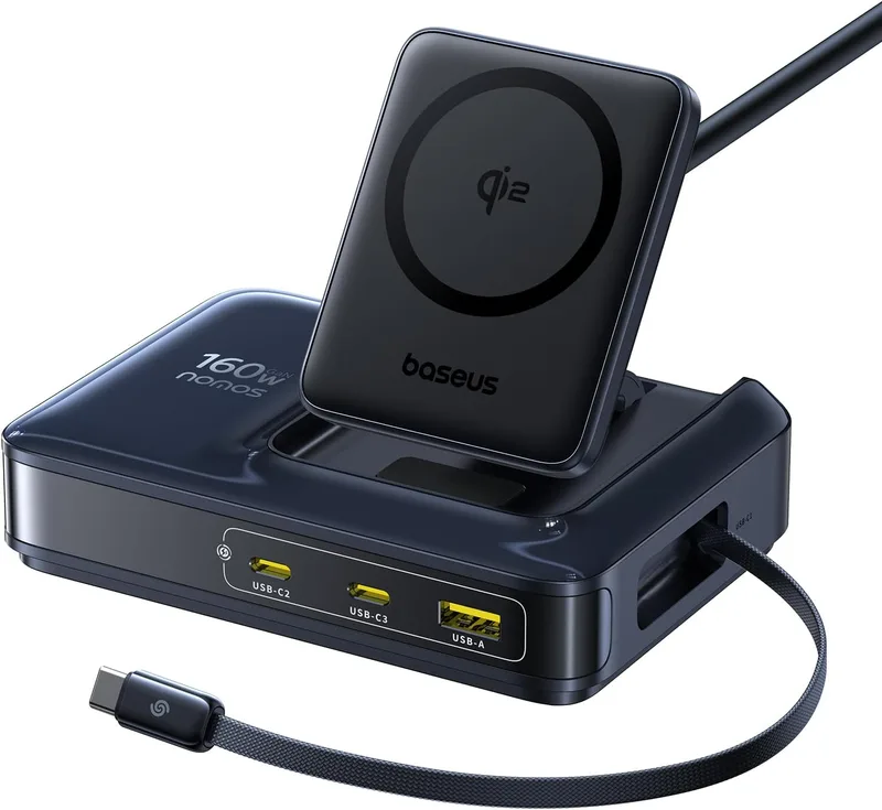 Baseus ▫️ Carregador sem fios 5 em 1 carregador USB-C de 160 W com Qi 2, carregador sem fios com cabo retrátil de 100 W, compatível com MagSafe para iPhone 12-17, MacBook Pro/Air, iPad Pro e muito mais