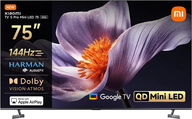 XIAOMI ▫️ TV S Pro Mini LED 75, Smart TV, Dolby Vision, Dolby Atmos, 4K QLED, 144 Hz, Google TV, HDR 10+, Sintonizador triplo, DVB-T2, MEMC, DTS-X, Harman AudioEFX,Prime Video, Assistente Google, AirPlay 2