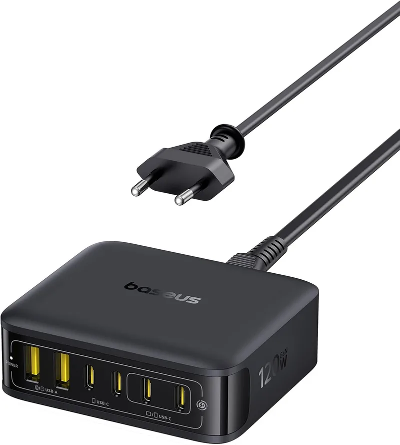Baseus ▫️ Carregador USB-C de 120 W, estação de carregamento rápido com 6 portas, para a série iPhone 17/16/15, MacBook Air, Galaxy, iPad e outros