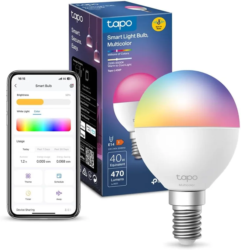 Tapo ▫️ L430P – Lâmpada inteligente Wi-Fi, 16 milhões de cores, regulável, E27 | Regulável. 16 milhões de cores. Horários e temporizador. Não requer hub. Modo «Ausente». Controlo por voz (Alexa/Google) e aplicação