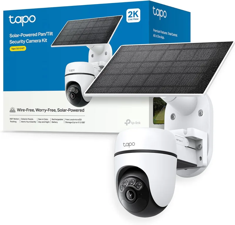 Tapo ▫️ Kit C610 - Câmara de vigilância Wi-Fi exterior de 360º, painel solar, 2K 3MP | Detecção de movimento e de pessoas. Bateria de 6700 mAh. Visão noturna a cores. Alarme luminoso e sonoro. Compatível com MicroSD. Aplicação