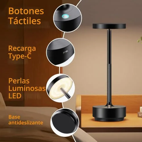 SLSMD ▫️ Candeeiro de mesa LED sem fios, recarregável e com regulação de intensidade, 5000 mAh, 3 modos de iluminação, para uso interior/exterior, bateria de longa duração, portátil, com ligação USB-C (preto) 4