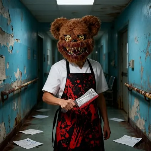 Sunshine smile ▫️ Máscara de Urso para o Halloween, Conjunto de Máscaras de Urso de Terror para o Halloween, Fato de Urso de Terror para o Halloween, Fato de Urso para Homens e Mulheres, com Avental Ensanguentado, Faca de Cozinha, Autocolantes de Tatuagem, para Festas de Carnaval e Cosplay 4