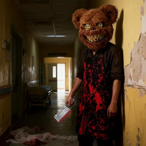 Sunshine smile ▫️ Máscara de Urso para o Halloween, Conjunto de Máscaras de Urso de Terror para o Halloween, Fato de Urso de Terror para o Halloween, Fato de Urso para Homens e Mulheres, com Avental Ensanguentado, Faca de Cozinha, Autocolantes de Tatuagem, para Festas de Carnaval e Cosplay 5