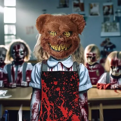 Sunshine smile ▫️ Máscara de Urso para o Halloween, Conjunto de Máscaras de Urso de Terror para o Halloween, Fato de Urso de Terror para o Halloween, Fato de Urso para Homens e Mulheres, com Avental Ensanguentado, Faca de Cozinha, Autocolantes de Tatuagem, para Festas de Carnaval e Cosplay 6