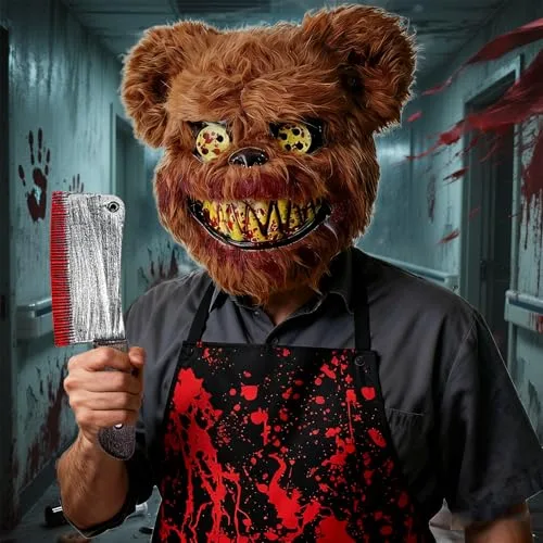 Sunshine smile ▫️ Máscara de Urso para o Halloween, Conjunto de Máscaras de Urso de Terror para o Halloween, Fato de Urso de Terror para o Halloween, Fato de Urso para Homens e Mulheres, com Avental Ensanguentado, Faca de Cozinha, Autocolantes de Tatuagem, para Festas de Carnaval e Cosplay 7