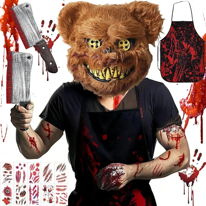 Sunshine smile ▫️ Máscara de Urso para o Halloween, Conjunto de Máscaras de Urso de Terror para o Halloween, Fato de Urso de Terror para o Halloween, Fato de Urso para Homens e Mulheres, com Avental Ensanguentado, Faca de Cozinha, Autocolantes de Tatuagem, para Festas de Carnaval e Cosplay