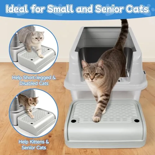 Kalolary ▫️ Conjunto de 2 rampas para caixa de areia para gatos com tampa de grelha amovível – antiderrapantes, filtro de areia eficiente, acesso seguro para gatinhos e gatos (cinza claro, elevado) 2