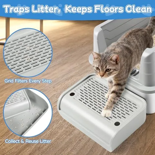 Kalolary ▫️ Conjunto de 2 rampas para caixa de areia para gatos com tampa de grelha amovível – antiderrapantes, filtro de areia eficiente, acesso seguro para gatinhos e gatos (cinza claro, elevado) 3