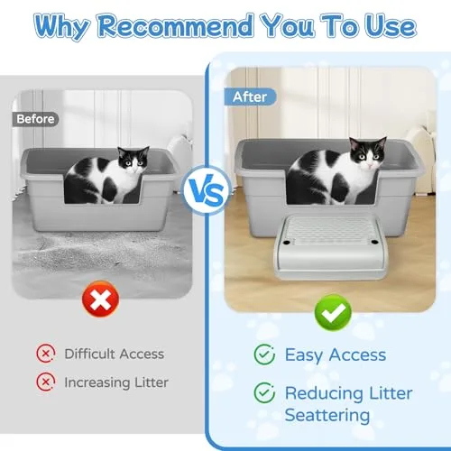 Kalolary ▫️ Conjunto de 2 rampas para caixa de areia para gatos com tampa de grelha amovível – antiderrapantes, filtro de areia eficiente, acesso seguro para gatinhos e gatos (cinza claro, elevado) 4