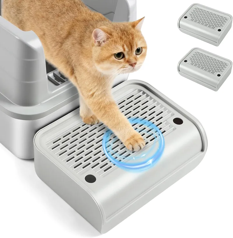 Kalolary ▫️ Conjunto de 2 rampas para caixa de areia para gatos com tampa de grelha amovível – antiderrapantes, filtro de areia eficiente, acesso seguro para gatinhos e gatos (cinza claro, elevado)