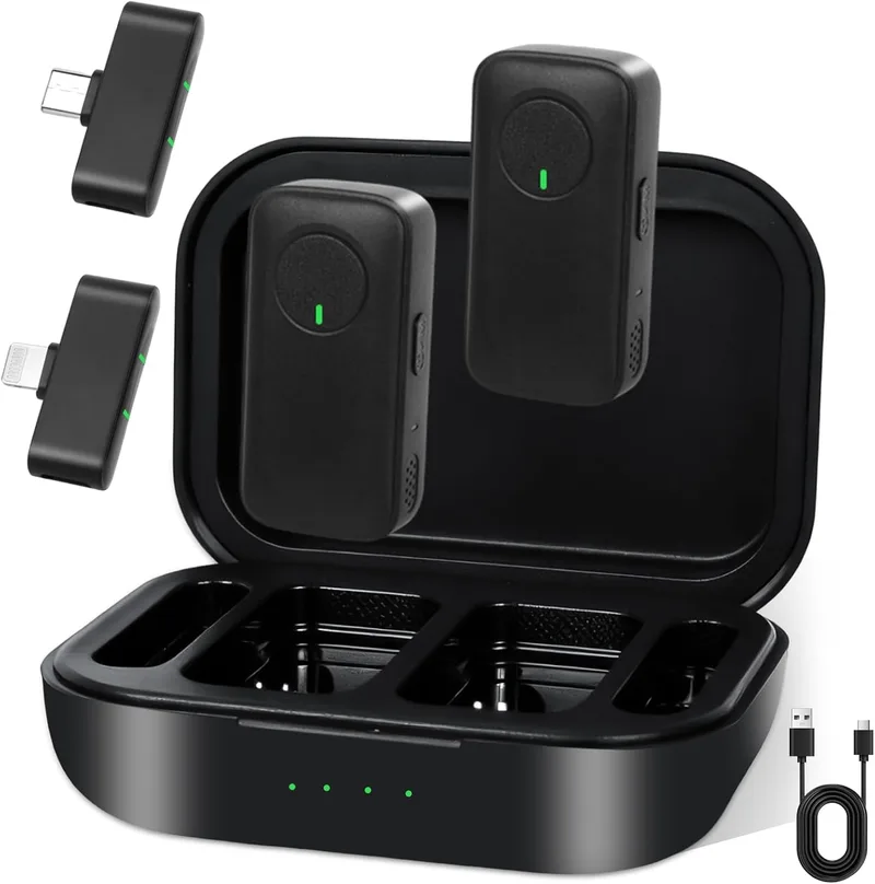 VINATO ▫️ Microfone sem fios com 2 receptores e 2 transmissores, compatível com Android/iPhone/iPad/MacBook para gravação de áudio estável