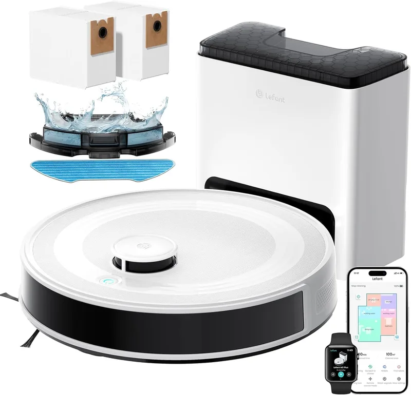 Lefant ▫️ M2 Plus Robot Aspirador e Esfregona, Mapeamento Inteligente de Sucção 6000pa com Base de Aspiração Automática, Navegação LiDar dToF, Ideal para Limpeza de Tapetes, Chão Duro e Pêlos de Animais