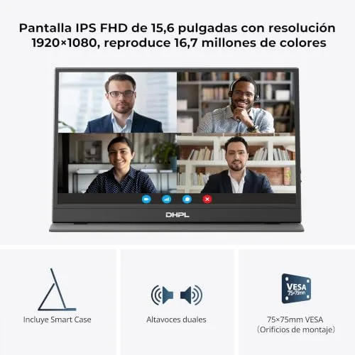 DHPL ▫️ Monitor portátil de 15,6 polegadas. Ecrã FHD 1080p IPS. Altifalantes integrados. Interfaces USB-C/HDMI. Ecrã portátil para portáteis, PC, Mac, telemóveis e consolas de jogos. Capa protetora incluída. 3