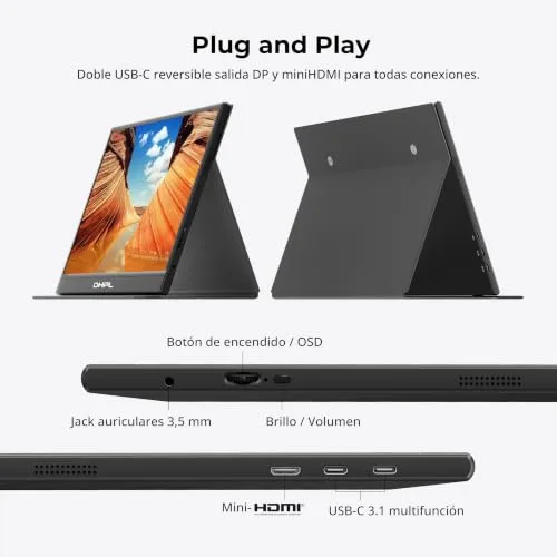 DHPL ▫️ Monitor portátil de 15,6 polegadas. Ecrã FHD 1080p IPS. Altifalantes integrados. Interfaces USB-C/HDMI. Ecrã portátil para portáteis, PC, Mac, telemóveis e consolas de jogos. Capa protetora incluída. 4