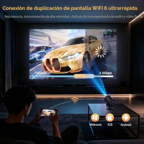 Vamvo ▫️ Mini-projetor com Wi-Fi 6 e Bluetooth 5.4, projetor portátil com resolução nativa de 1080p, rotativo em 180°, ecrã de até 180 polegadas, altifalante integrado com HDMI/TV Stick/Memory Stick/portátil 5