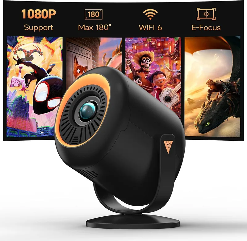 Vamvo ▫️ Mini-projetor com Wi-Fi 6 e Bluetooth 5.4, projetor portátil com resolução nativa de 1080p, rotativo em 180°, ecrã de até 180 polegadas, altifalante integrado com HDMI/TV Stick/Memory Stick/portátil