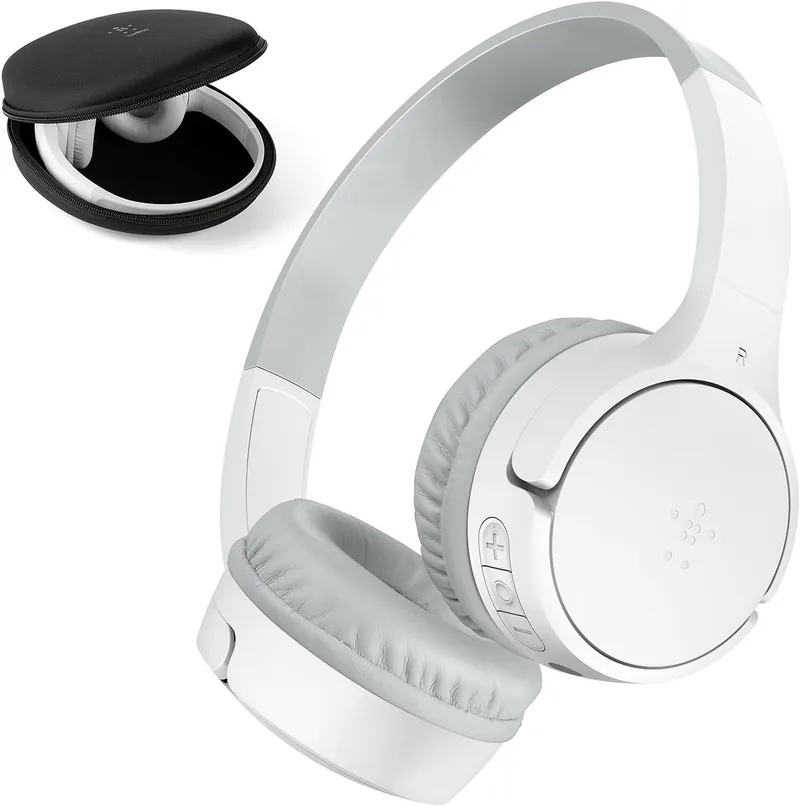 Belkin ▫️ Auscultadores sem fios SoundForm Mini Kids com microfone incorporado, 30 horas de autonomia e autocolantes divertidos - Auscultadores de encaixe para aprendizagem online, escola, viagens, iPhone, iPad, Galaxy - Branco