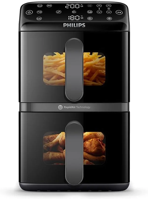PHILIPS ▫️ Airfryer Série 4000 com cesto duplo vertical de 10 L – Tecnologia RapidAir, Sincronização, 2 cestos em simultâneo, 45% menos espaço, Revestimento cerâmico sem PFAS, Janelas de visualização (NA460/00)