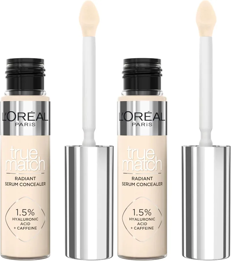 L'Oreal Paris ▫️ L'Oréal Paris Illuminating Serum Concealer, Cobertura Média, Acabamento Radiante, com 1,5% de Ácido Hialurónico e Cafeína, Accord Parfait, Sombra 1N, 10ml (Embalagem de 2)
