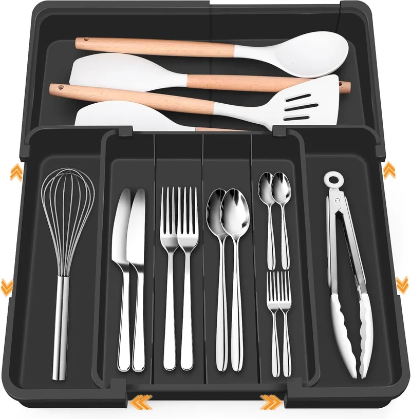 Euqvunn ▫️ Organizador de talheres para gaveta de cozinha, multidirecional e expansível, com 4 a 7 compartimentos, ideal para guardar utensílios e ferramentas de cozinha na gaveta