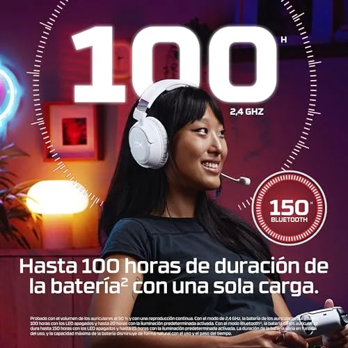 HyperX ▫️ Cloud Flight 2 – Auscultadores de jogos sem fios, luzes RGB personalizáveis, bateria com 100 horas de autonomia, conexão sem fios dupla de 2,4 GHz e Bluetooth, emparelhamento instantâneo, compatível com PC/PS/Switch/telemóvel, branco 4
