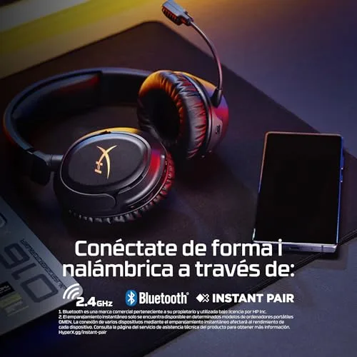HyperX ▫️ Cloud Flight 2 – Auscultadores de jogos sem fios, luzes RGB personalizáveis, bateria com 100 horas de autonomia, conexão sem fios dupla de 2,4 GHz e Bluetooth, emparelhamento instantâneo, compatível com PC/PS/Switch/telemóvel, branco 5