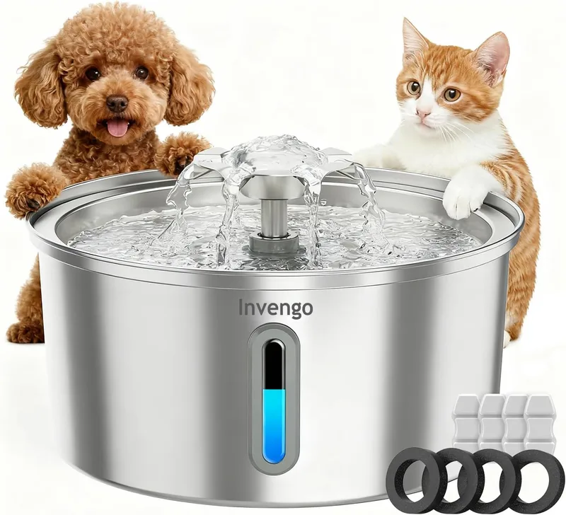 Invengo ▫️ Beberouro para Gatos em Aço Inoxidável, 3,2 L com Bocal em Forma de Flor, Filtragem em 5 Etapas, Janela de Nível e Fácil Limpeza - Ideal para Gatos e Cães de Pequeno Porte, Inclui 4 Filtros de Substituição