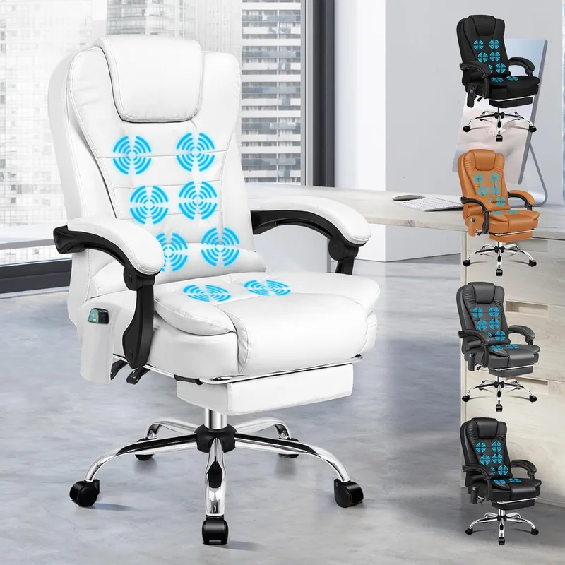 ALFORDSON ▫️ Cadeira de escritório executiva com massagem, cadeira ergonómica de secretária com função de assento aquecido, apoio para os pés retrátil, reclinável a 150°, cadeira giratória para computador, couro PU (branca)