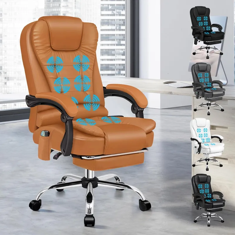 ALFORDSON ▫️ Cadeira Executiva de Escritório com Massagem, Cadeira Ergonómica de Escritório com Função de Assento Aquecido, Apoio para os Pés Retrátil, Reclinável a 150°, Cadeira Giratória para Computador, Couro PU (Castanho)