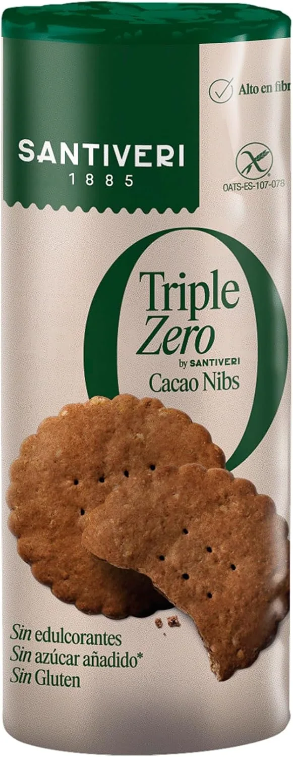 SANTIVERI ▫️ Cocoa Nibs Cookies Triple Zero, bolachas estaladiças com aveia integral e cacau, com alto teor de fibras, sem adoçantes, sem adição de açúcar ou glúten, vegan - 210 g