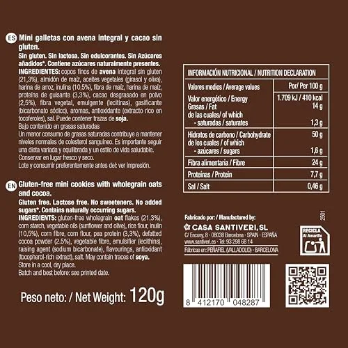 SANTIVERI ▫️ Bolachas «Jungla Cacao Triple Zero», bolachas estaladiças com aveia integral e proteína de ervilha, ricas em fibra, sem adoçantes, sem açúcar nem glúten, ideais para crianças veganas - 120 g 2