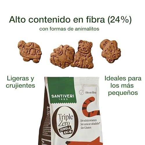 SANTIVERI ▫️ Bolachas «Jungla Cacao Triple Zero», bolachas estaladiças com aveia integral e proteína de ervilha, ricas em fibra, sem adoçantes, sem açúcar nem glúten, ideais para crianças veganas - 120 g 5