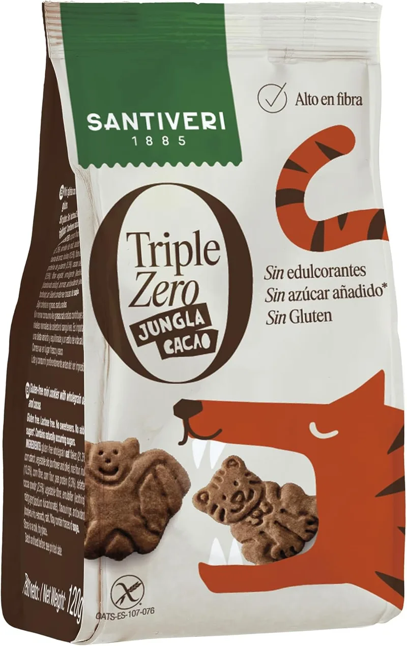 SANTIVERI ▫️ Bolachas «Jungla Cacao Triple Zero», bolachas estaladiças com aveia integral e proteína de ervilha, ricas em fibra, sem adoçantes, sem açúcar nem glúten, ideais para crianças veganas - 120 g