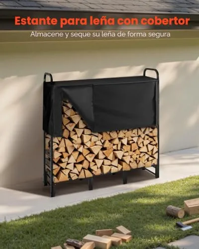 VEVOR ▫️ Estante de armazenamento de lenha 122 x 32 x 118 cm, estrutura metálica com revestimento em pó e meia cobertura, suporte para lenha com capacidade de carga de 181,4 kg, para lareira, terraço, pátio, jardim, preta 2