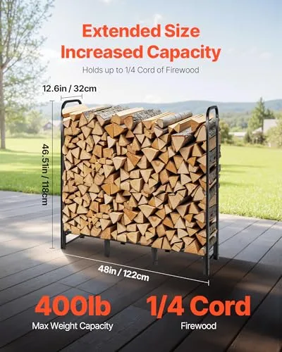 VEVOR ▫️ Estante de armazenamento de lenha 122 x 32 x 118 cm, estrutura metálica com revestimento em pó e meia cobertura, suporte para lenha com capacidade de carga de 181,4 kg, para lareira, terraço, pátio, jardim, preta 3