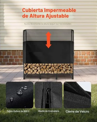 VEVOR ▫️ Estante de armazenamento de lenha 122 x 32 x 118 cm, estrutura metálica com revestimento em pó e meia cobertura, suporte para lenha com capacidade de carga de 181,4 kg, para lareira, terraço, pátio, jardim, preta 4