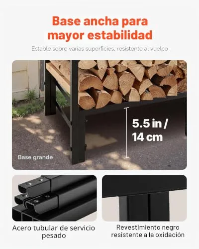VEVOR ▫️ Estante de armazenamento de lenha 122 x 32 x 118 cm, estrutura metálica com revestimento em pó e meia cobertura, suporte para lenha com capacidade de carga de 181,4 kg, para lareira, terraço, pátio, jardim, preta 5