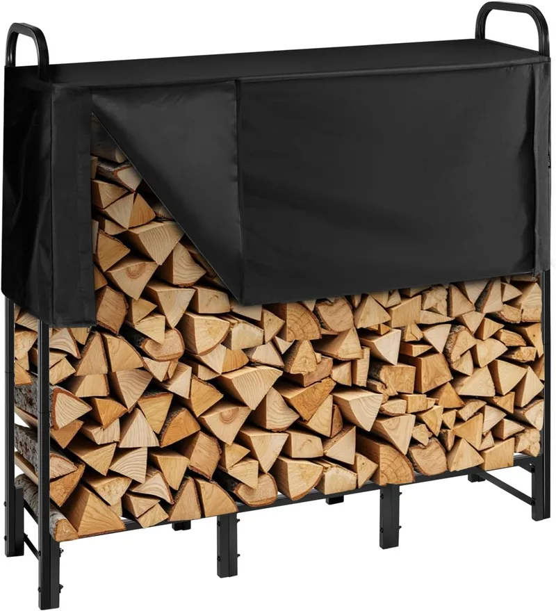 VEVOR ▫️ Estante de armazenamento de lenha 122 x 32 x 118 cm, estrutura metálica com revestimento em pó e meia cobertura, suporte para lenha com capacidade de carga de 181,4 kg, para lareira, terraço, pátio, jardim, preta
