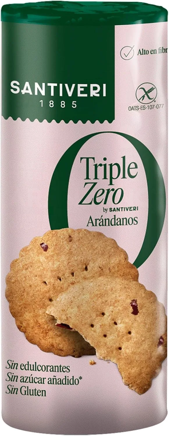 SANTIVERI ▫️ Bolachas Triple Zero de Mirtilo - Bolachas Crocantes com Aveia Integral e Airelas, Rica em Fibras, Sem Adoçantes, Sem Açúcar Adicionado, Sem Glúten - Vegan - 205 g