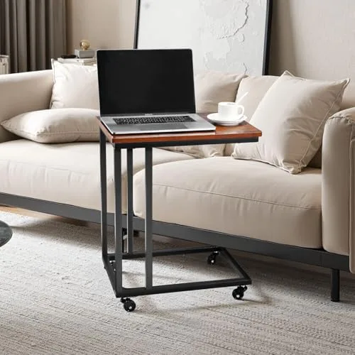 VEVOR ▫️ Mesa Auxiliar em Forma de C, Mesa de Centro em Forma de C 500 x 350 x 605 mm com Estrutura Metálica e Rodas, Móvel para Portátil para Sala de Estar, Quarto, Escritório, Castanho e Preto 2