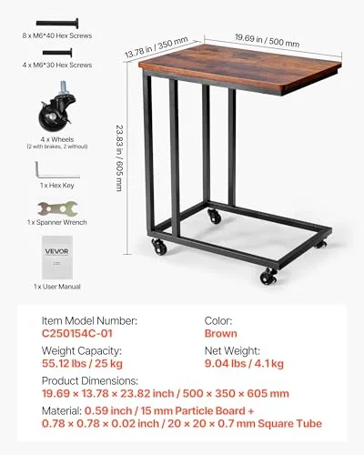 VEVOR ▫️ Mesa Auxiliar em Forma de C, Mesa de Centro em Forma de C 500 x 350 x 605 mm com Estrutura Metálica e Rodas, Móvel para Portátil para Sala de Estar, Quarto, Escritório, Castanho e Preto 3