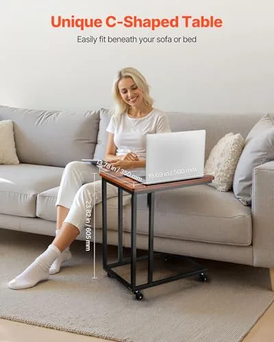 VEVOR ▫️ Mesa Auxiliar em Forma de C, Mesa de Centro em Forma de C 500 x 350 x 605 mm com Estrutura Metálica e Rodas, Móvel para Portátil para Sala de Estar, Quarto, Escritório, Castanho e Preto 4