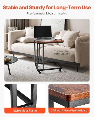 VEVOR ▫️ Mesa Auxiliar em Forma de C, Mesa de Centro em Forma de C 500 x 350 x 605 mm com Estrutura Metálica e Rodas, Móvel para Portátil para Sala de Estar, Quarto, Escritório, Castanho e Preto 6