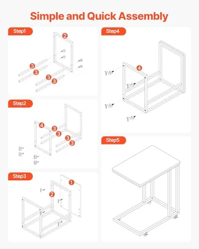 VEVOR ▫️ Mesa Auxiliar em Forma de C, Mesa de Centro em Forma de C 500 x 350 x 605 mm com Estrutura Metálica e Rodas, Móvel para Portátil para Sala de Estar, Quarto, Escritório, Castanho e Preto 7