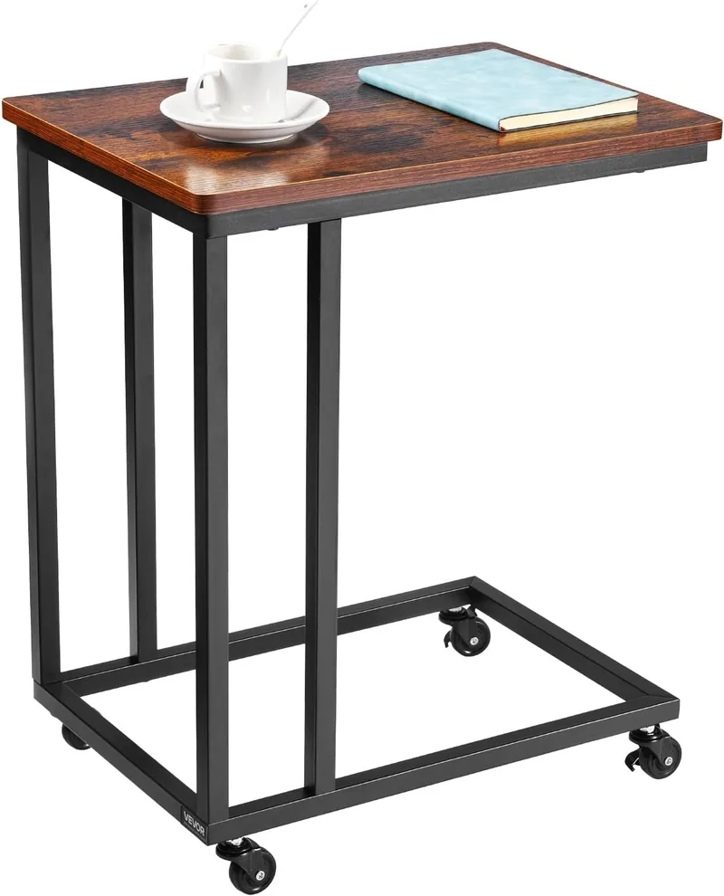 VEVOR ▫️ Mesa Auxiliar em Forma de C, Mesa de Centro em Forma de C 500 x 350 x 605 mm com Estrutura Metálica e Rodas, Móvel para Portátil para Sala de Estar, Quarto, Escritório, Castanho e Preto
