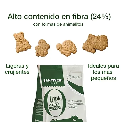 SANTIVERI ▫️ Bolachas Jungla Triple Zero - Bolachas estaladiças com aveia integral e proteína de ervilha, ricas em fibra, sem adoçantes, sem açúcar, sem glúten - Ideais para crianças - Veganas - 120 g 5