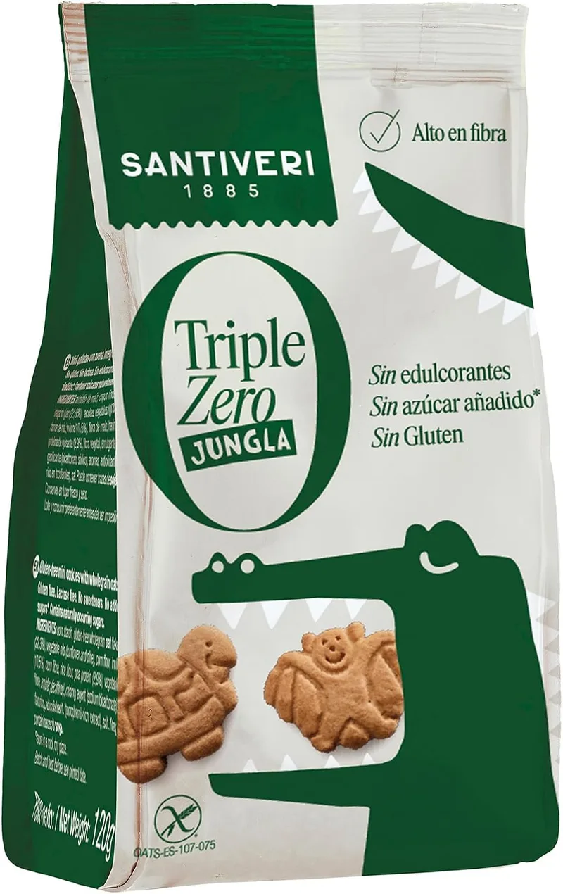 SANTIVERI ▫️ Bolachas Jungla Triple Zero - Bolachas estaladiças com aveia integral e proteína de ervilha, ricas em fibra, sem adoçantes, sem açúcar, sem glúten - Ideais para crianças - Veganas - 120 g