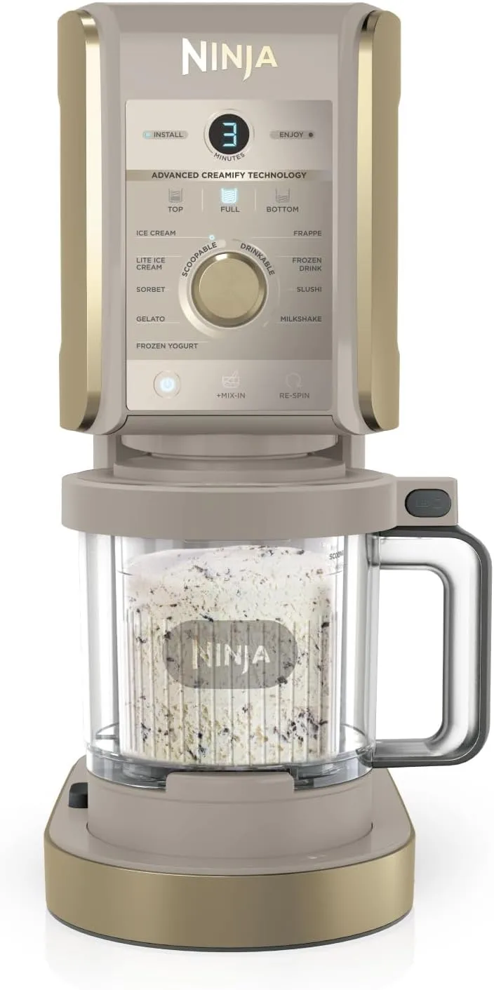 Ninja ▫️ CREAMi Deluxe – Máquina de gelados multifunções com 2 cubas, 10 programas, prepara gelados, gelato, sorvete, iogurte gelado, batidos, granizados e muito mais, opção de 2 sabores num só, pedra dourada, NC502EUSTGD